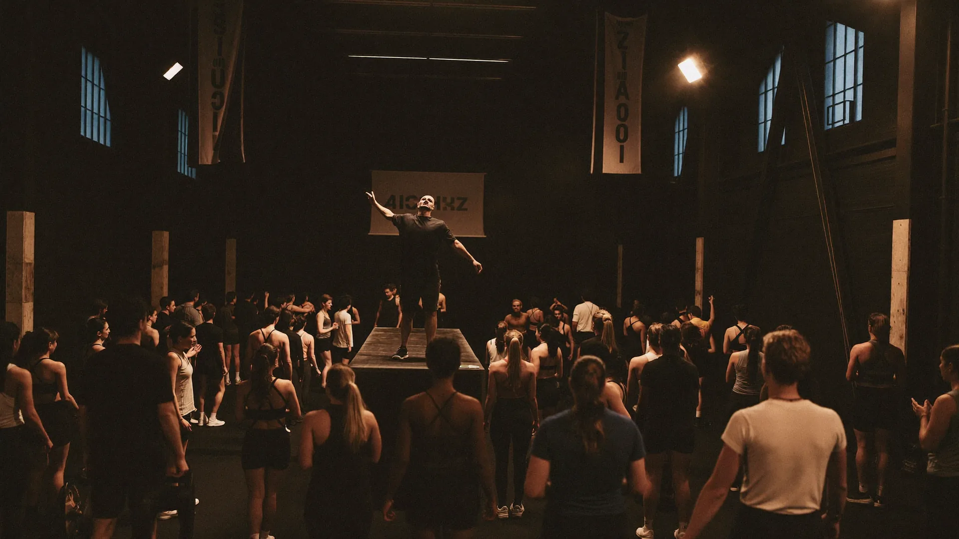 A packed evening group training class inside a partner gym
