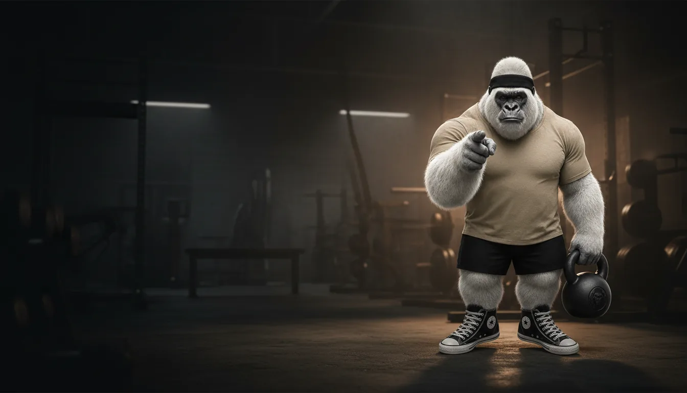 The White Gorilla mascot with a kettlebell in a dark gym